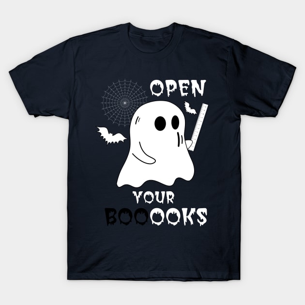 Boo Boo Crew Teacher Ghost Holding Ruler Funny Halloween - Open Your Booooks - Teacher Gift T-Shirt by OsOsgermany